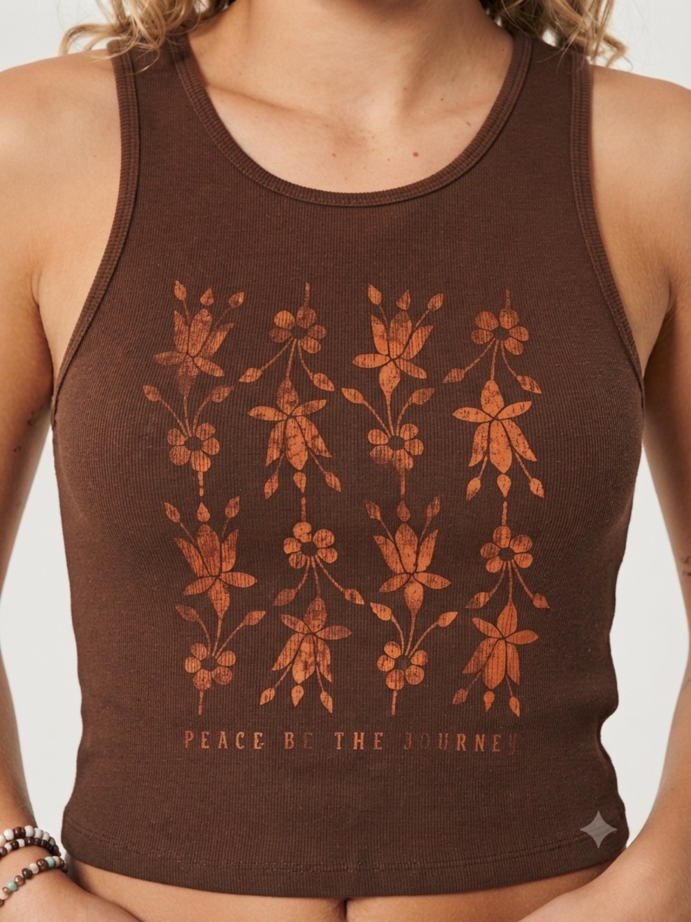 Hollister Brown Floral Tank Top women’s Size Medium “Peace Be The Journey” Indie